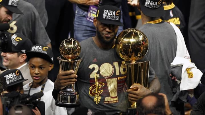 June 19, 2016; Oakland, CA, USA; Cleveland Cavaliers forward LeBron James (23) celebrates with the Larry O