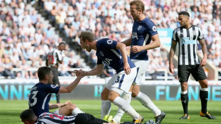 NEWCASTLE UPON TYNE, ENGLAND - AUGUST 13: Ben Davies of Tottenham Hotspur celebrates scoring his sides second goal with Christian Eriksen of Tottenham Hotspur and Harry Kane of Tottenham Hotspur during the Premier League match between Newcastle United and Tottenham Hotspur at St. James Park on August 13, 2017 in Newcastle upon Tyne, England. (Photo by Alex Livesey/Getty Images)