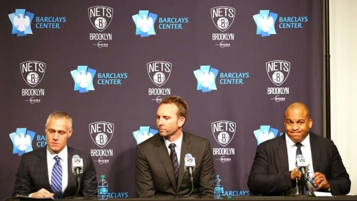Mar 24, 2016; Brooklyn, NY, USA; Brett Yormark CEO of Brooklyn Sports and Entertainment (L), Sean Marks general manager of the Brooklyn Nets (C), and Malcom Turner President, NBA Development League (R) talk at a press conference announcing the Long Island Nets D League team before the game against the Cleveland Cavaliers at Barclays Center. Mandatory Credit: Anthony Gruppuso-USA TODAY Sports