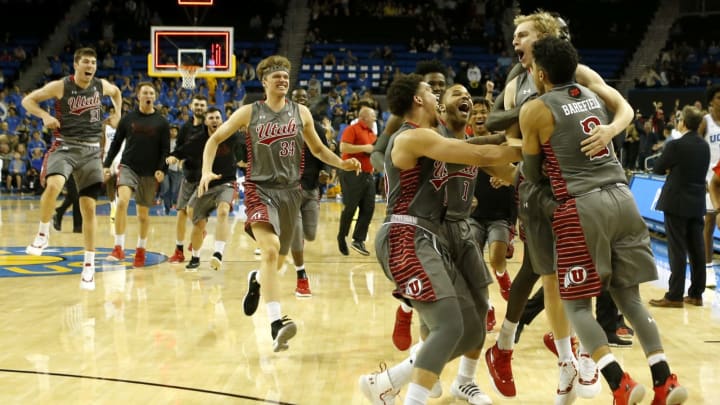LOS ANGELES, CALIFORNIA – FEBRUARY 09: The Utah Utes celebrate their buzzer-beating three-pointer to beat the UCLA Bruins 93-92 at Pauley Pavilion on February 09, 2019 in Los Angeles, California. (Photo by Katharine Lotze/Getty Images)