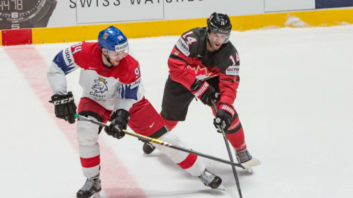BRATISLAVA, SLOVAKIA - MAY 25: #94 Radek Faksa of Czech Republic vies with #14 Adam Henrique of Canada during the 2019 IIHF Ice Hockey World Championship Slovakia semi final game between Canada and Czech Republic at Ondrej Nepela Arena on May 25, 2019 in Bratislava, Slovakia. (Photo by RvS.Media/Robert Hradil/Getty Images)