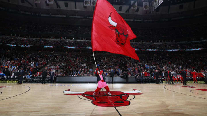 CHICAGO, IL - OCTOBER 28: Benny the Bull waives the flag on October 28, 2017 at the United Center in Chicago, Illinois. NOTE TO USER: User expressly acknowledges and agrees that, by downloading and or using this Photograph, user is consenting to the terms and conditions of the Getty Images License Agreement. Mandatory Copyright Notice: Copyright 2017 NBAE (Photo by Jeff Haynes/NBAE via Getty Images)