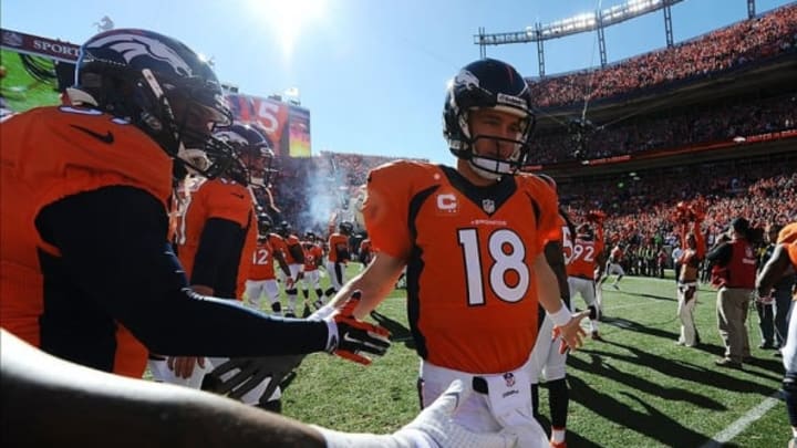 January 19, 2014; Denver, CO, USA; Denver Broncos quarterback Peyton Manning (18) during introductions before playing against the New England Patriots in the 2013 AFC Championship football game at Sports Authority Field at Mile High. Mandatory Credit: Ron Chenoy-USA TODAY Sports