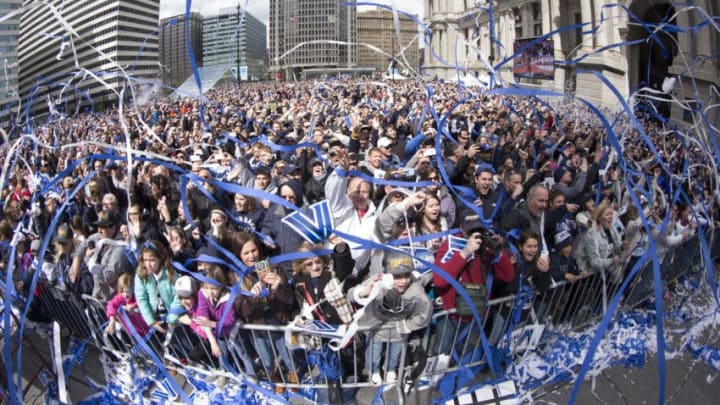 PHILADELPHIA, PENNSYLVANIA - APRIL 08: Fans celebrate at the Villanova Wildcats Championship Parade on April 8, 2016 in Philadelphia, Pennsylvania. (Photo by Mitchell Leff/Getty Images)