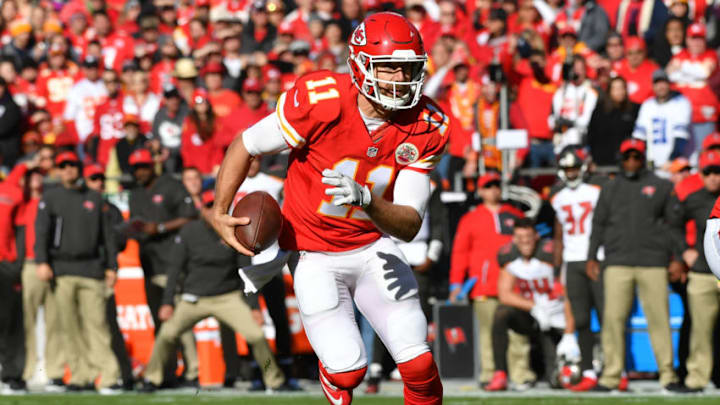 KANSAS CITY, MO - NOVEMBER 20: Quarterback Alex Smith #11 of the Kansas City Chiefs rushes out of the pocket agains the Tampa Bay Buccaneers that would lead to a touchdown at Arrowhead Stadium during the game on November 20, 2016 in Kansas City, Missouri. (Photo by Peter Aiken/Getty Images) KANSAS CITY, MO - NOVEMBER 20: Quarterback Alex Smith #11 of the Kansas City Chiefs rushes out of the pocket agains the Tampa Bay Buccaneers that would lead to a touchdown at Arrowhead Stadium during the game on November 20, 2016 in Kansas City, Missouri. (Photo by Peter Aiken/Getty Images)