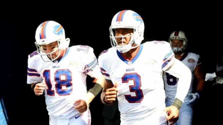 Sep 7, 2014; Chicago, IL, USA; Buffalo Bills quarterback EJ Manuel (3) and quarterback Kyle Orton (18) before the game at Soldier Field. Mandatory Credit: Mike DiNovo-USA TODAY Sports