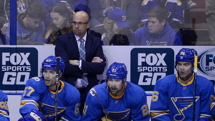 Apr 2, 2017; St. Louis, MO, USA; St. Louis Blues head coach Mike Yeo looks on as his team plays the Nashville Predators during the third period at Scottrade Center. Mandatory Credit: Jeff Curry-USA TODAY Sports