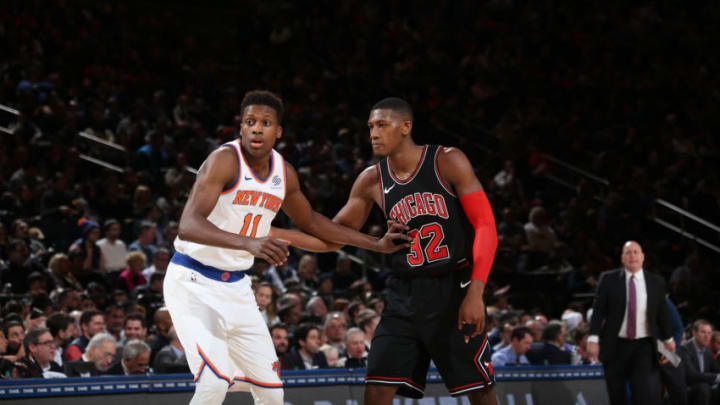 NEW YORK, NY - JANUARY 10: Kris Dunn #32 of the Chicago Bulls guards Frank Ntilikina #11 of the New York Knicks on January 10, 2018 at Madison Square Garden in New York City, New York. NOTE TO USER: User expressly acknowledges and agrees that, by downloading and or using this photograph, User is consenting to the terms and conditions of the Getty Images License Agreement. Mandatory Copyright Notice: Copyright 2018 NBAE (Photo by Steven Freeman/NBAE via Getty Images)