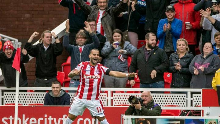 19th August 2017, bet365 Stadium, Stoke-on-Trent, England; EPL Premier League football, Stoke City versus Arsenal; Jese Rodriguez of Stoke City celebrates scoring the opening goal of the game in the 50th minute (Photo by Conor Molloy/Action Plus via Getty Images)