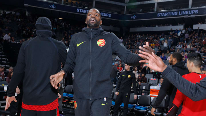 SACRAMENTO, CA – JANUARY 30: Dewayne Dedmon #14 of the Atlanta Hawks gets introduced into the starting lineup against the Sacramento Kings on January 30, 2019 at Golden 1 Center in Sacramento, California. NOTE TO USER: User expressly acknowledges and agrees that, by downloading and or using this photograph, User is consenting to the terms and conditions of the Getty Images Agreement. Mandatory Copyright Notice: Copyright 2019 NBAE (Photo by Rocky Widner/NBAE via Getty Images)