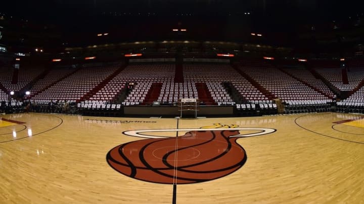 May 9, 2016; Miami, FL, USA; A general view of the Miami Heat logo is seen center court before game four of the second round of the NBA Playoffs between the Toronto Raptors and the Miami Heat at American Airlines Arena. Mandatory Credit: Steve Mitchell-USA TODAY Sports