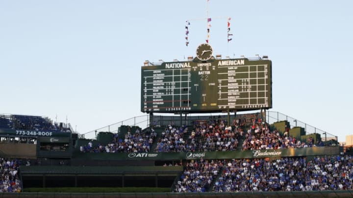 CHICAGO, IL - AUGUST 31: General view of the iconic center field scoreboard during a game between the Pittsburgh Pirates and Chicago Cubs at Wrigley Field on August 31, 2016 in Chicago, Illinois. (Photo by Joe Robbins/Getty Images) *** Local Caption ***