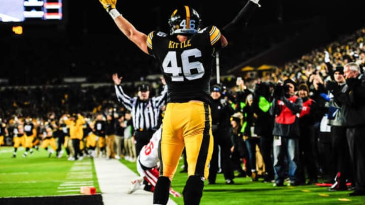 Nov 25, 2016; Iowa City, IA, USA; Iowa Hawkeyes tight end George Kittle (46) celebrates after a touchdown catch during the second half against the Nebraska Cornhuskers at Kinnick Stadium. Mandatory Credit: Jeffrey Becker-USA TODAY Sports