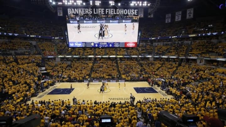 Apr 21, 2016; Indianapolis, IN, USA; The Toronto Raptors square off for the opening tip off against the Indiana Pacers in the first quarter in game three of the first round of the 2016 NBA Playoffs at Bankers Life Fieldhouse. Mandatory Credit: Brian Spurlock-USA TODAY Sports