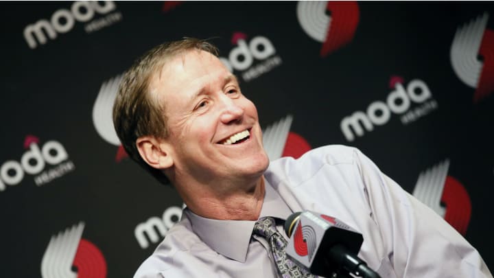 PORTLAND, OR – DECEMBER 2: Portland Trail Blazers head coach Terry Stotts answers journalists during the press conference following the Portland Trail Blazers 106-102 victory over the Indiana Pacers at the Moda Center on December 2, 2013 in Portland, Oregon. NOTE TO USER: User expressly acknowledges and agrees that, by downloading and or using this photograph, User is consenting to the terms and conditions of the Getty Images License Agreement. (Photo by Chris Elise/Getty Images)