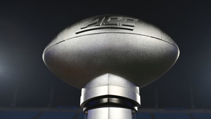 CHARLOTTE, NORTH CAROLINA - DECEMBER 03: A model of the ACC trophy is seen on the field during the ACC Championship game at Bank of America Stadium on December 03, 2022 in Charlotte, North Carolina. (Photo by Eakin Howard/Getty Images)