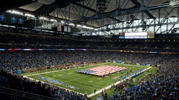 Nov 28, 2013; Detroit, MI, USA; A general view as the national anthem is sung before the game between the Detroit Lions and the Green Bay Packers during a NFL football game on Thanksgiving at Ford Field. Mandatory Credit: Tim Fuller-USA TODAY Sports