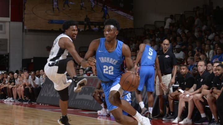 LAS VEGAS, NV - JULY 7: Hamidou Diallo #22 of the Oklahoma City Thunder handles the ball against the Brooklyn Nets during the 2018 Las Vegas Summer League on July 7, 2018 at the Cox Pavilion in Las Vegas, Nevada. NOTE TO USER: User expressly acknowledges and agrees that, by downloading and/or using this Photograph, user is consenting to the terms and conditions of the Getty Images License Agreement. Mandatory Copyright Notice: Copyright 2018 NBAE (Photo by David Dow/NBAE via Getty Images)