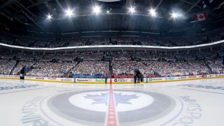 WINNIPEG, MB - APRIL 11: A general view of centre ice prior to NHL action between the Winnipeg Jets and the Minnesota Wild in Game One of the Western Conference First Round during the 2018 NHL Stanley Cup Playoffs at the Bell MTS Place on April 11, 2018 in Winnipeg, Manitoba, Canada. (Photo by Jonathan Kozub/NHLI via Getty Images)