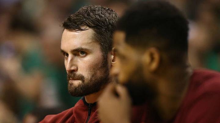 BOSTON, MA - MAY 23: Kevin Love #0 of the Cleveland Cavaliers reacts on the bench in the second half against the Boston Celtics during Game Five of the 2018 NBA Eastern Conference Finals at TD Garden on May 23, 2018 in Boston, Massachusetts. NOTE TO USER: User expressly acknowledges and agrees that, by downloading and or using this photograph, User is consenting to the terms and conditions of the Getty Images License Agreement. (Photo by Maddie Meyer/Getty Images) BOSTON, MA - MAY 23: Kevin Love #0 of the Cleveland Cavaliers reacts on the bench in the second half against the Boston Celtics during Game Five of the 2018 NBA Eastern Conference Finals at TD Garden on May 23, 2018 in Boston, Massachusetts. NOTE TO USER: User expressly acknowledges and agrees that, by downloading and or using this photograph, User is consenting to the terms and conditions of the Getty Images License Agreement. (Photo by Maddie Meyer/Getty Images)