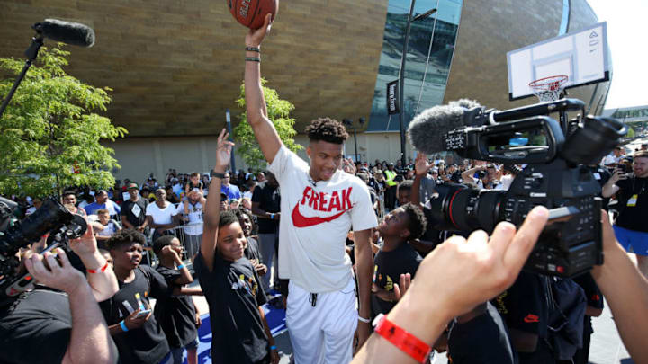 MILWAUKEE, WI - JULY 14: Giannis Antetokounmpo #34 of the Milwaukee Bucks celebrates and speaks during his MVP Celebration on July 14, 2019 at Fiserv Forum in Milwaukee, Wisconsin. NOTE TO USER: User expressly acknowledges and agrees that, by downloading and or using this Photograph, user is consenting to the terms and conditions of the Getty Images License Agreement. Mandatory Copyright Notice: Copyright 2019 NBAE (Photo by Gary Dineen/NBAE via Getty Images)