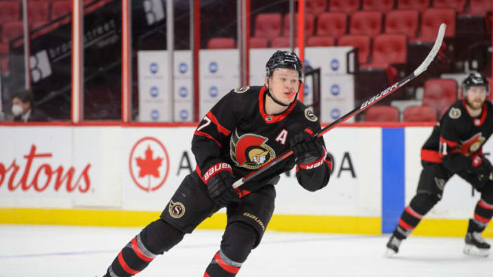 OTTAWA, ON - MARCH 1: Brady Tkachuk #7 of the Ottawa Senators skates against the Calgary Flames at Canadian Tire Centre on March 1, 2021 in Ottawa, Ontario, Canada. (Photo by Matt Zambonin/Freestyle Photography/Getty Images)