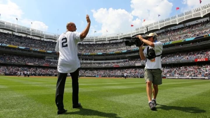 August 13, 2016; Bronx, NY, USA; Derek Jeter is introduced as the New York Yankees honor the 1996 World Series team at Yankee Stadium. Mandatory Credit: John Munson-Pool Photo via USA TODAY Sports