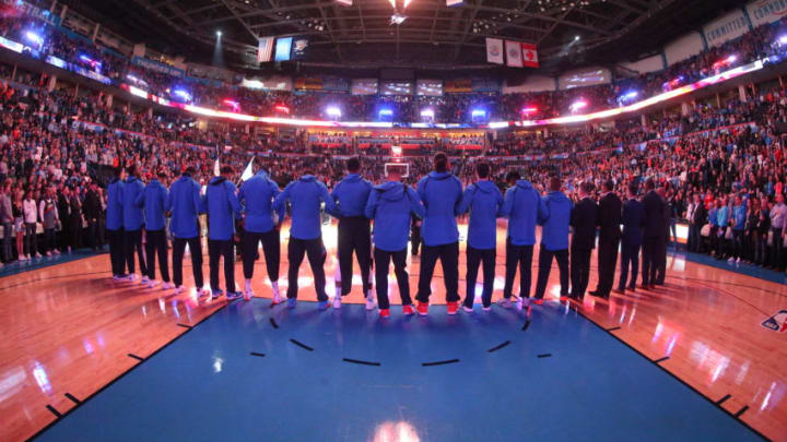 OKLAHOMA CITY, OK - JANUARY 23: The Oklahoma City Thunder stand for the National Anthem before the game against the Brooklyn Nets on January 23, 2018 at Chesapeake Energy Arena in Oklahoma City, Oklahoma. NOTE TO USER: User expressly acknowledges and agrees that, by downloading and or using this photograph, User is consenting to the terms and conditions of the Getty Images License Agreement. Mandatory Copyright Notice: Copyright 2018 NBAE (Photo by Layne Murdoch/NBAE via Getty Images)