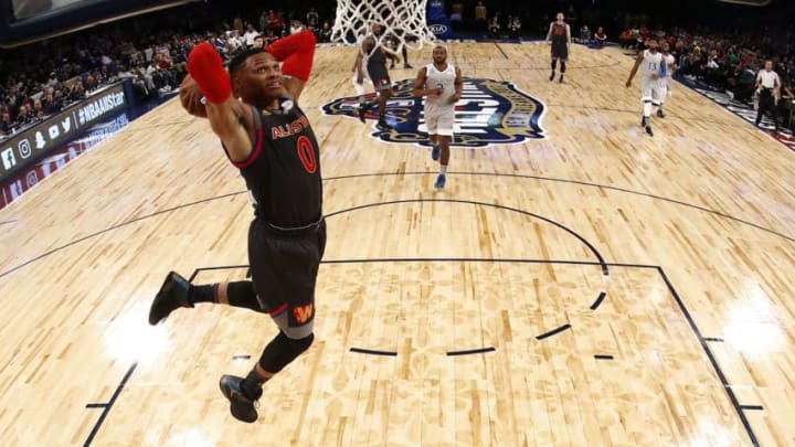 Feb 19, 2017; New Orleans, LA, USA; Western Conference guard Russell Westbrook of the Oklahoma City Thunder (0) dunks the ball in the 2017 NBA All-Star Game at Smoothie King Center. Mandatory Credit: Larry W. Smith/Pool Photo-USA TODAY Sports