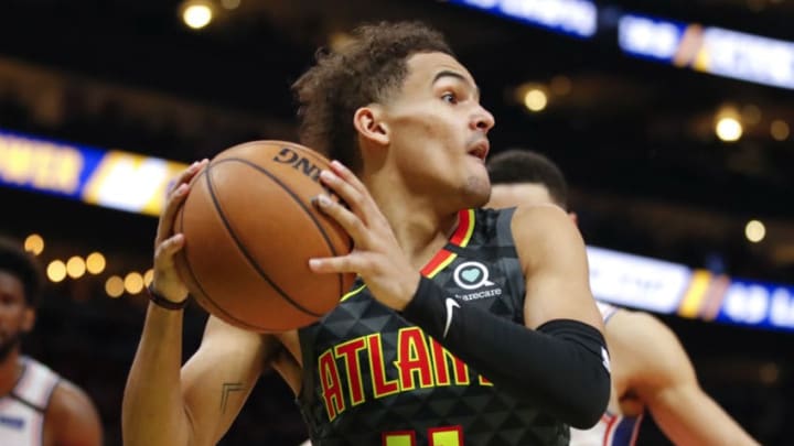 ATLANTA, GA - JANUARY 30: Trae Young #11 of the Atlanta Hawks looks to pass during the second half of an NBA game against the Philadelphia 76ers at State Farm Arena on January 30, 2020 in Atlanta, Georgia. NOTE TO USER: User expressly acknowledges and agrees that, by downloading and/or using this photograph, user is consenting to the terms and conditions of the Getty Images License Agreement. (Photo by Todd Kirkland/Getty Images)