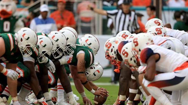 MIAMI GARDENS, FL - OCTOBER 21: The Miami Hurricanes line up against the Syracuse Orange during a game at Sun Life Stadium on October 21, 2017 in Miami Gardens, Florida. (Photo by Mike Ehrmann/Getty Images)