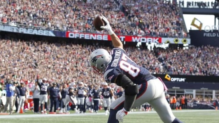 Oct 16, 2016; Foxborough, MA, USA; New England Patriots tight end Rob Gronkowski (87) spikes the ball after scoring a touchdown during the third quarter against the Cincinnati Bengals at Gillette Stadium. Mandatory Credit: Stew Milne-USA TODAY Sports