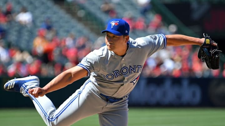 ANAHEIM, CA - JUNE 24: Seunghwan Oh #22 of the Toronto Blue Jays pitches in the game against the Los Angeles Angels of Anaheim at Angel Stadium on June 24, 2018 in Anaheim, California. (Photo by Jayne Kamin-Oncea/Getty Images)