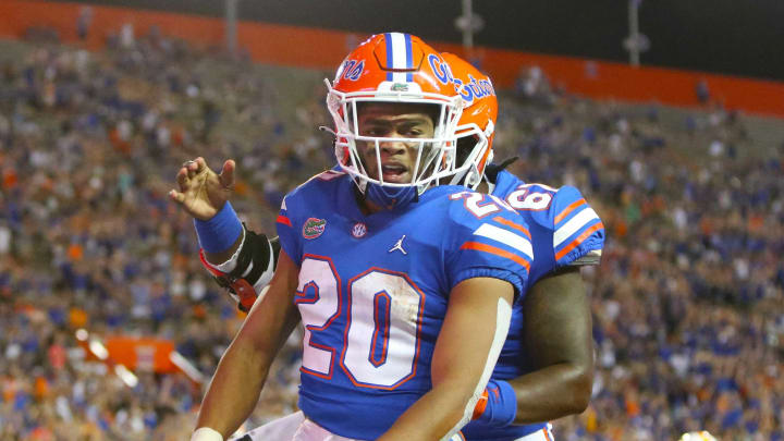 Florida Gators running back Malik Davis (20) celebrates a touchdown during the football game between the Florida Gators and Tennessee Volunteers, at Ben Hill Griffin Stadium in Gainesville, Fla. Sept. 25, 2021.Flgai 092521 Ufvs Tennesseefb 48