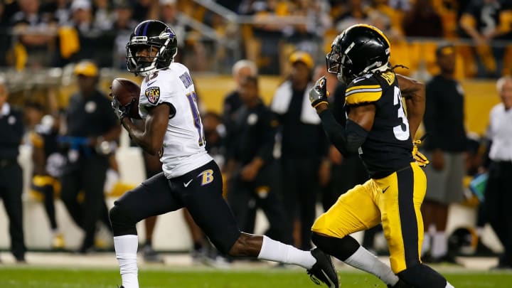 PITTSBURGH, PA – SEPTEMBER 30: John Brown #13 of the Baltimore Ravens runs upfield after a catch as Terrell Edmunds #34 of the Pittsburgh Steelers pursues in the first half during the game at Heinz Field on September 30, 2018 in Pittsburgh, Pennsylvania. (Photo by Justin K. Aller/Getty Images)