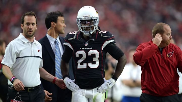 Oct 2, 2016; Glendale, AZ, USA; Arizona Cardinals running back Chris Johnson (23) walks to the locker room after being injured against the Los Angeles Rams during the second half at University of Phoenix Stadium. The Rams won 17-13. Mandatory Credit: Joe Camporeale-USA TODAY Sports