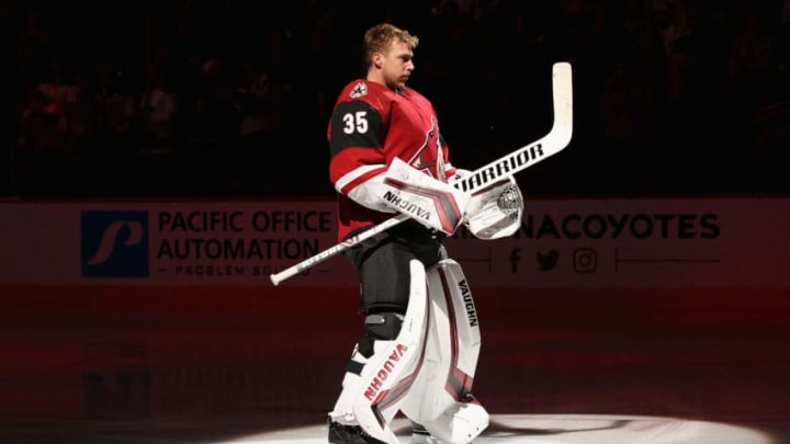 GLENDALE, ARIZONA - DECEMBER 19: Goaltender Darcy Kuemper #35 of the Arizona Coyotes is introduced before the NHL game against the Minnesota Wild at Gila River Arena on December 19, 2019 in Glendale, Arizona. The Wild defeated the Coyotes 8-5. (Photo by Christian Petersen/Getty Images)