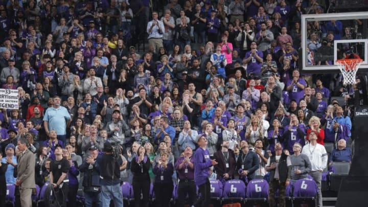 SACRAMENTO, CA - APRIL 11: Fans cheer on the Sacramento Kings against the Houston Rockets on April 11, 2018 at Golden 1 Center in Sacramento, California. NOTE TO USER: User expressly acknowledges and agrees that, by downloading and or using this photograph, User is consenting to the terms and conditions of the Getty Images Agreement. Mandatory Copyright Notice: Copyright 2018 NBAE (Photo by Rocky Widner/NBAE via Getty Images)