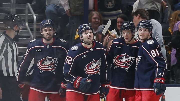 Apr 13, 2023; Columbus, Ohio, USA; Columbus Blue Jackets center Emil Bemstrom (52) celebrates his goal against the Pittsburgh Penguins during the third period at Nationwide Arena. Mandatory Credit: Russell LaBounty-USA TODAY Sports