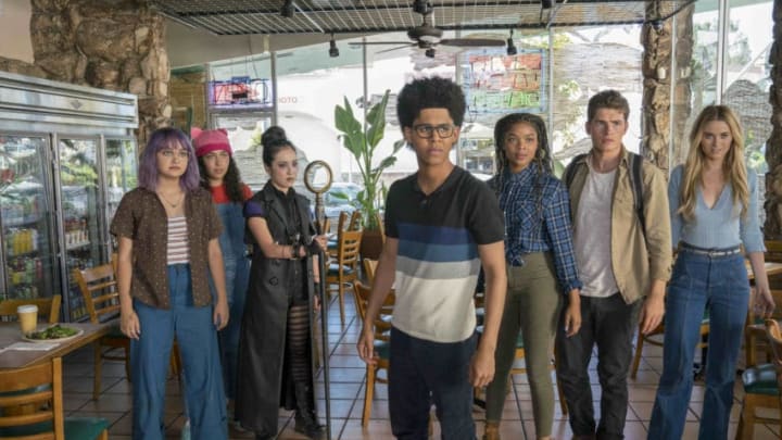 Runaways -- "Big Shot" -- Episode 209 -- The Runaways find themselves on the wrong side of the law. Over the groupÕs objections, Alex tries to scheme his way out of it, but the plan backfires. PRIDE decides that they have to step up their tactics to retrieve their kids. Karolina experiences a mysterious connection. Gert Yorkes (Ariela Barer), Molly Hernandez (Allegra Acosta), Nico Minoru (Lyrica Okano), Alex Wilder (Rhenzy Feliz), Livvie (Ajiona Alexus), Chase Stein (Gregg Sulkin), Karolina Dean (Virginia Gardner) shown. (Photo by: Michael Desmond / Hulu)