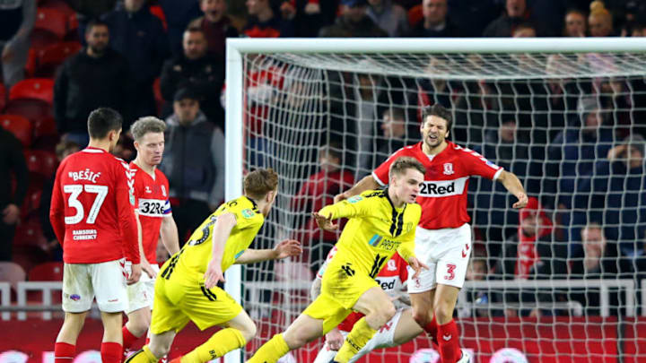 MIDDLESBROUGH, ENGLAND - DECEMBER 18: Jake Hesketh of Burton Albion celebrates after scoring his team's first goal during the Carabao Cup Quarter Final match between Middlesbrough and Burton Albion at Riverside Stadium on December 18, 2018 in Middlesbrough, United Kingdom. (Photo by Alex Livesey/Getty Images)