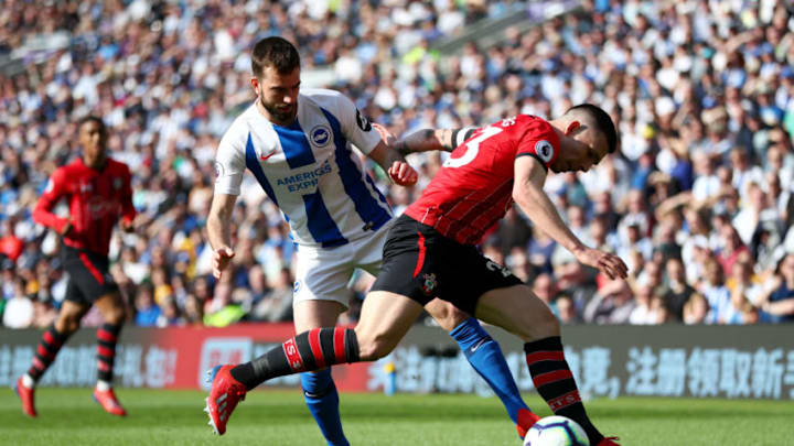 BRIGHTON, ENGLAND - MARCH 30: Pierre-Emile Hojbjerg of Southampton battles for the ball with Davy Propper of Brighton & Hove Albion during the Premier League match between Brighton & Hove Albion and Southampton FC at American Express Community Stadium on March 30, 2019 in Brighton, United Kingdom. (Photo by Dan Istitene/Getty Images)