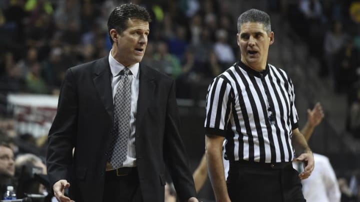 EUGENE, OR - DECEMBER 28: Head coach Steve Alford of the UCLA Bruins has some words with an official during the second half of the game against the Oregon Ducks at Matthew Knight Arena on December 28, 2016 in Eugene, Oregon. (Photo by Steve Dykes/Getty Images)