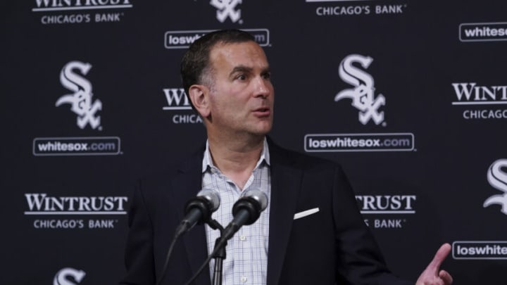 CHICAGO, ILLINOIS - OCTOBER 03: Vice President/General Manager Rick Hahn Senior of the Chicago White Sox speaks during a press conference prior to a game between the Chicago White Sox and the Minnesota Twins at Guaranteed Rate Field on October 03, 2022 in Chicago, Illinois. (Photo by Nuccio DiNuzzo/Getty Images)