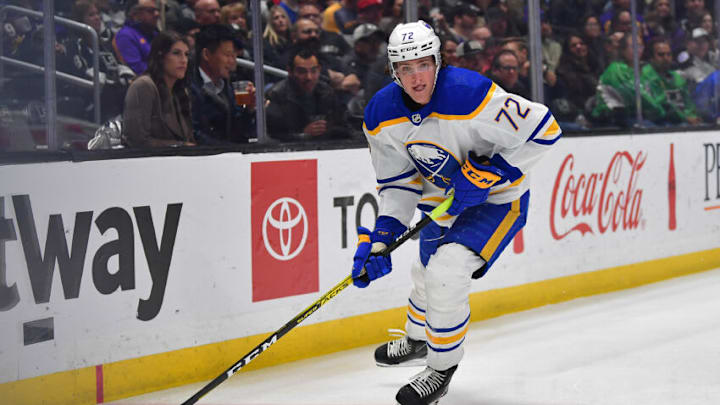 Feb 13, 2023; Los Angeles, California, USA; Buffalo Sabres center Tage Thompson (72) controls the puck against the Los Angeles Kings during the first period at Crypto.com Arena. Mandatory Credit: Gary A. Vasquez-USA TODAY Sports