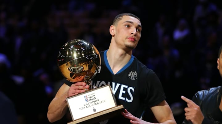 TORONTO, ON - FEBRUARY 13: Zach LaVine of the Minnesota Timberwolves holds the trophy after winning the Verizon Slam Dunk Contest during NBA All-Star Weekend 2016 at Air Canada Centre on February 13, 2016 in Toronto, Canada. NOTE TO USER: User expressly acknowledges and agrees that, by downloading and/or using this Photograph, user is consenting to the terms and conditions of the Getty Images License Agreement. (Photo by Elsa/Getty Images)