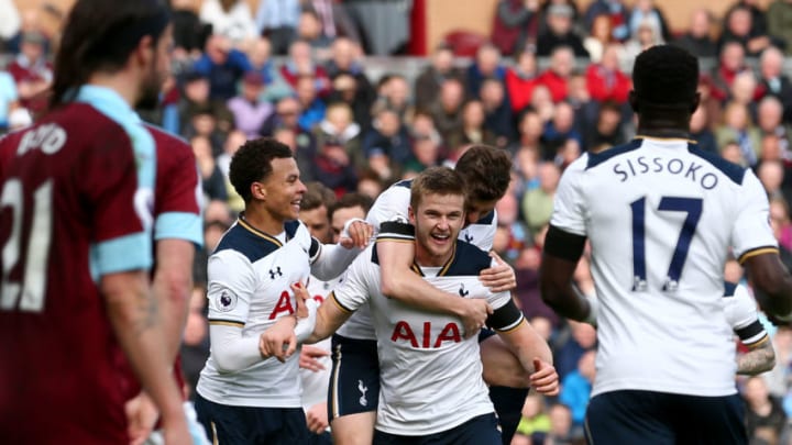 BURNLEY, ENGLAND - APRIL 01: Eric Dier of Tottenham Hotspur celebrates scoring his sides first goal with his Tottenham Hotspur team mates during the Premier League match between Burnley and Tottenham Hotspur at Turf Moor on April 1, 2017 in Burnley, England. (Photo by Jan Kruger/Getty Images)