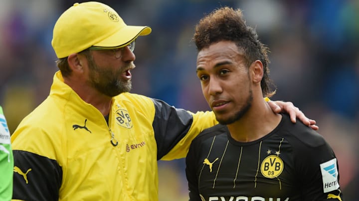 SINSHEIM, GERMANY - MAY 02: Head coach Juergen Klopp of Dortmund speaks to Pierre-Emerick Aubameyang of Dortmund after the Bundesliga match between 1899 Hoffenheim and Borussia Dortmund at Wirsol Rhein-Neckar-Arena on May 2, 2015 in Sinsheim, Germany. (Photo by Matthias Hangst/Bongarts/Getty Images)