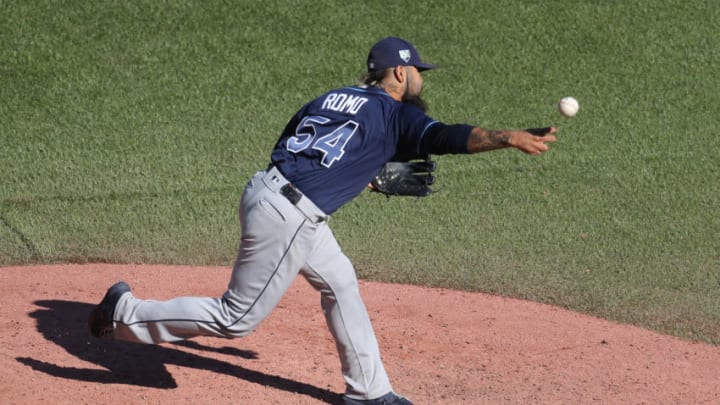 TORONTO, ON - SEPTEMBER 23: Sergio Romo #54 of the Tampa Bay Rays delivers a pitch in the ninth inning during MLB game action against the Toronto Blue Jays at Rogers Centre on September 23, 2018 in Toronto, Canada. (Photo by Tom Szczerbowski/Getty Images)