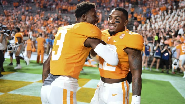 Tennessee wide receiver JaVonta Payton (3) and defensive back Jaylen McCollough (22) celebrate after the NCAA college football game between the Tennessee Volunteers and Bowling Green Falcons in Knoxville, Tenn. on Thursday, September 2, 2021.Ut Bowling Green